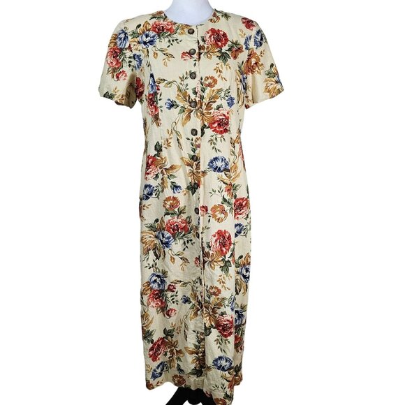 VTG 90s Talbots Floral Linen Blend Dress 14P Midi Button Up Prairie Cottagecore - Picture 1 of 12